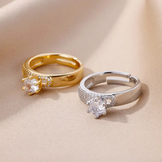 Stainless Steel Round Rings for Women - Geometric Gold Color Crystal Ring - Aesthetic Wedding Party Jewelry Gift
