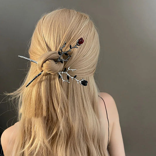 2025 Vintage Rose Flower Crystal Branch Hairpin - Elegant Metal Texture Headwear Jewelry for Women