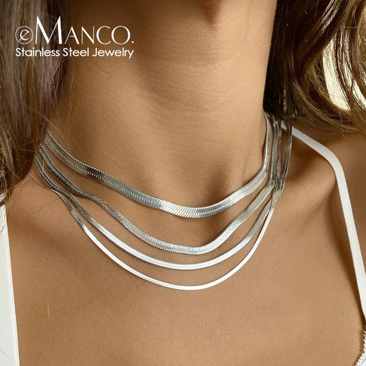 eManco Unisex Snake Chain Necklace - Silver Color Choker Stainless Steel Herringbone Chain for Women Jewelry Wholesale