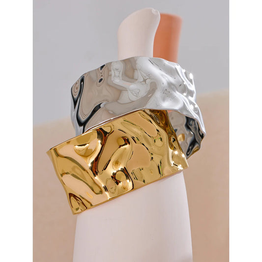 Yhpup Wide Large Stainless Steel Metal Cuff Open Bracelet Bangle - 18K Gold PVD Plated Waterproof Wrist Jewelry