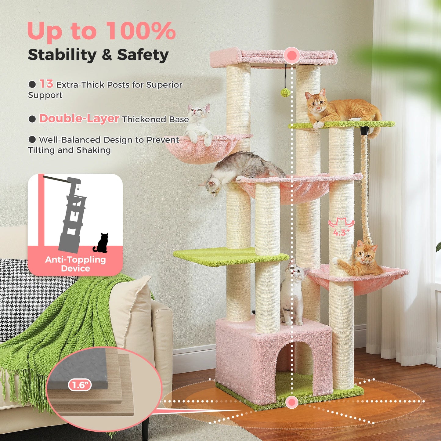 Big Cat Tree for Large Cats - Multi-Level Robust Cat Tower with Hammock and 11 Sisal Posts