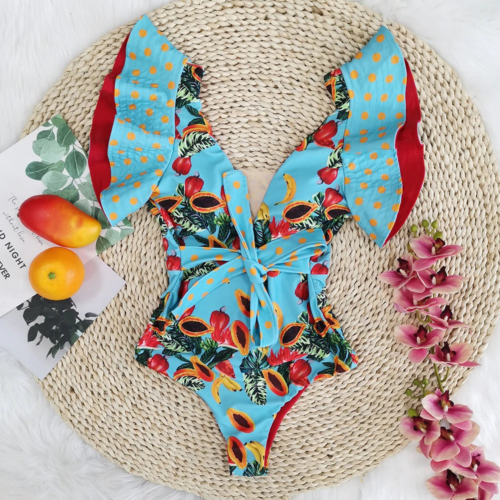 Luxe V-Neck Lace Print One-Piece Swimsuit