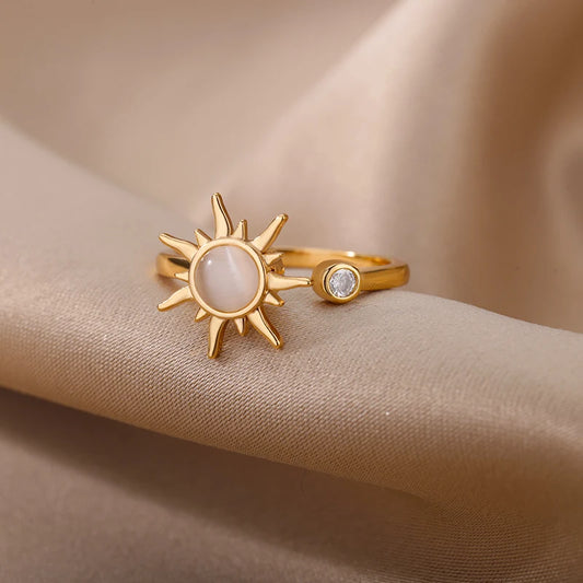 Rotating Sun Opal Ring for Women - Adjustable Stainless Steel Retro Charm Jewelry