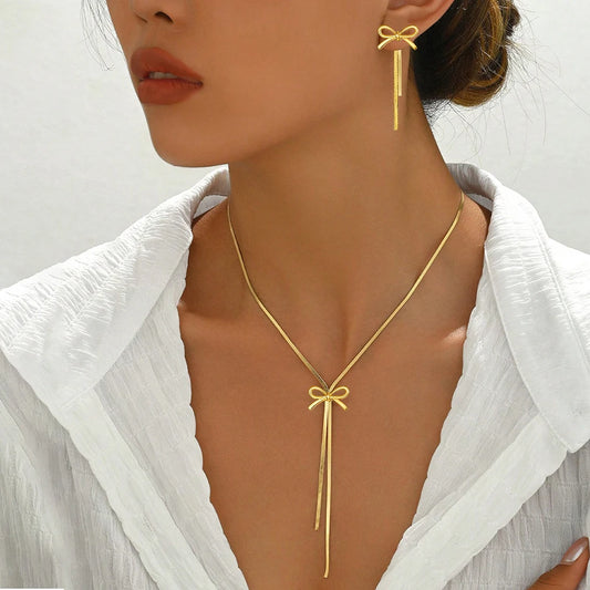 DGIDDK Stainless Steel Necklace - Delicate Bow Tassel Collar Chain for Women