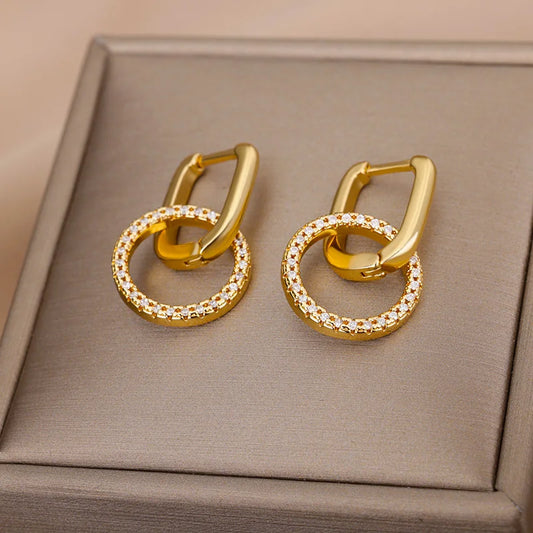 Fashion Zircon Circle Drop Earrings for Women - Gold Stainless Steel Dangle Jewelry Gift