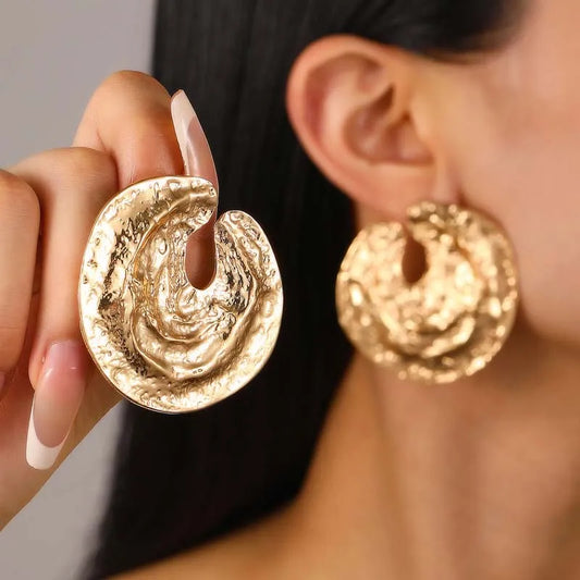 Vintage Gold Color Geometric Texture Stud Earrings for Women