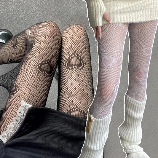 Heart Flower Mesh Japanese Girl Lolita Tights - White Fishnet Stockings for Women