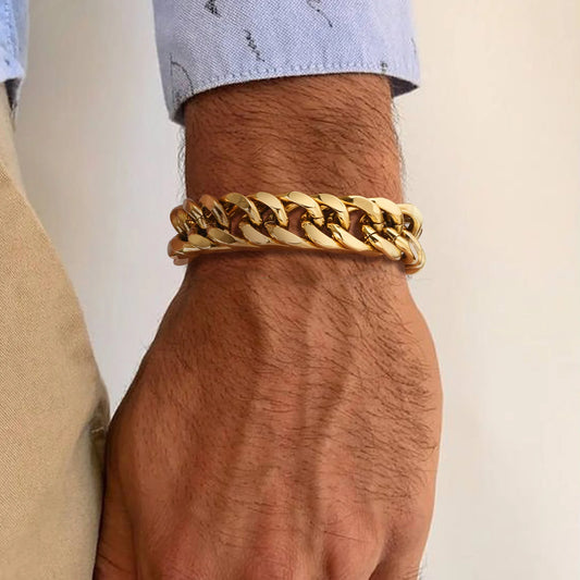 Gold Color Men's Cuban Chain Bracelet - Chunky Waterproof Stainless Steel Link Wristband