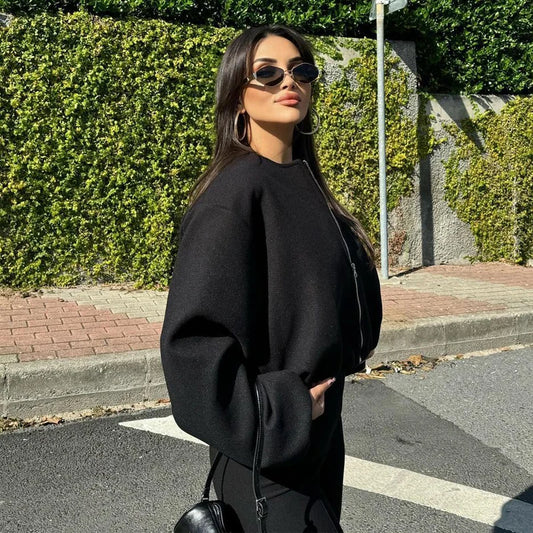 MUJER Black Bomber Jackets for Women - Stylish Zipper Varsity Crop Coat for Winter 2025