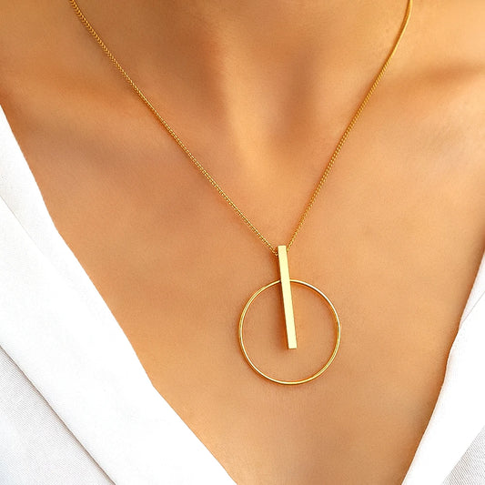 Minimalist Stainless Steel Circle Stick Pendant Necklace for Women