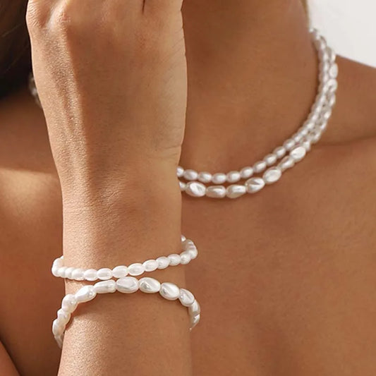 Vintage White Imitation Pearl Beads Choker Necklace for Women - Elegant Double Layer Elastic Short Chain Wedding Jewelry