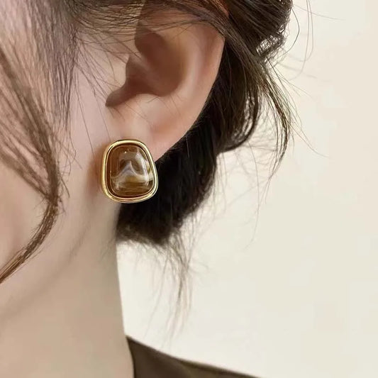 Vintage Coffee Color Square Resin Stud Earrings - Trendy Geometric Jewelry for Women & Girls