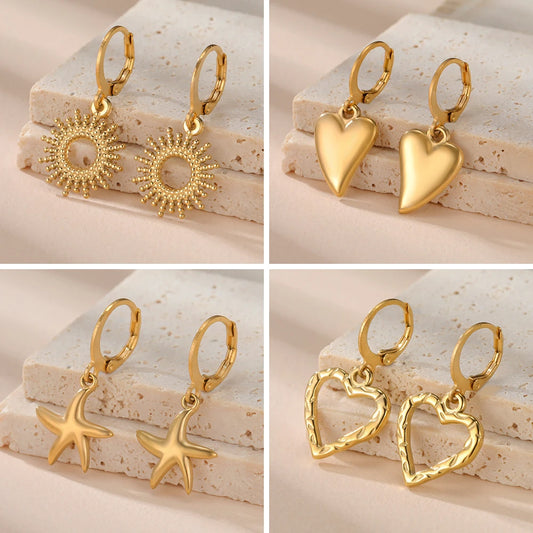 Skyrim Gold Color Stainless Steel Women's Heart Starfish Sun Pendant Hoop Earrings - Fashion Jewelry Gift