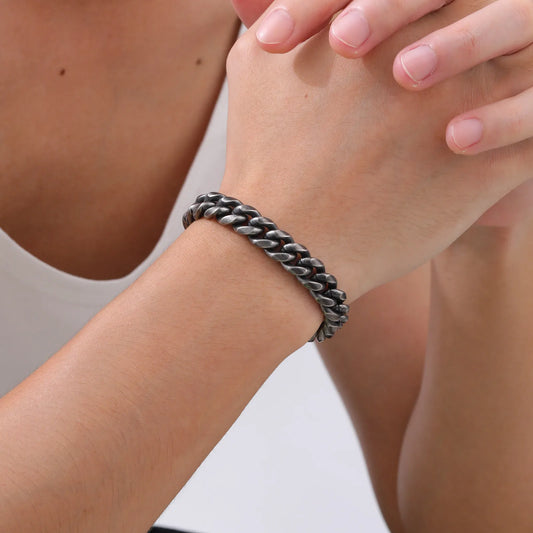 Retro Cuban Chain Bracelets for Men - Vintage Antique Stainless Steel Curb Dome Link Wristband