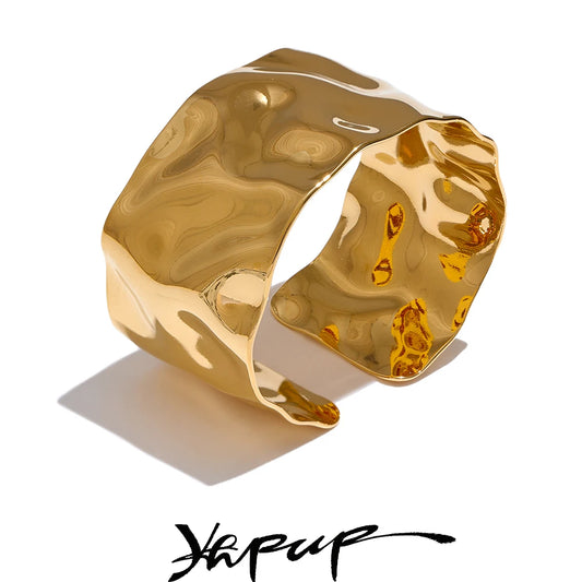 Yhpup Wide Large Stainless Steel Metal Cuff Open Bracelet Bangle - 18K Gold PVD Plated Waterproof Wrist Jewelry