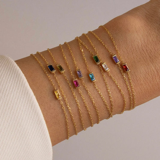 eManco Fashion Jewelry Stainless Steel 7*3MM Square Birthstone Bracelet with Sparkling Rhinestones