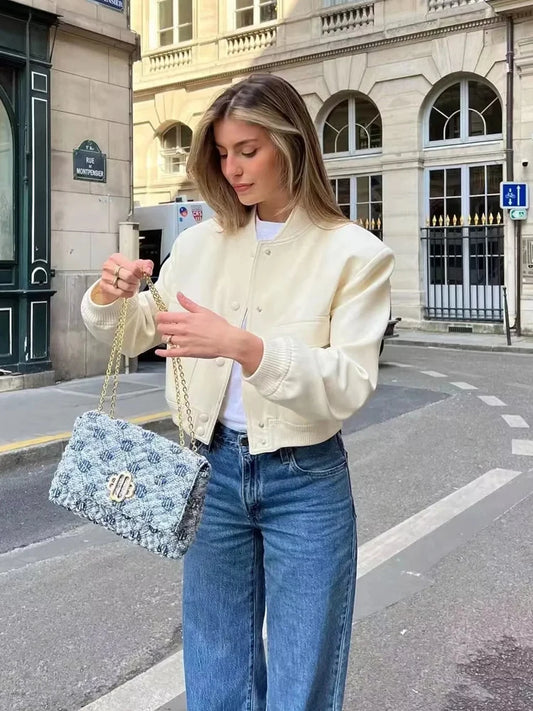 MUJER 2025 Women's White Bomber Jacket - Stylish Cropped Outerwear for Autumn & Winter