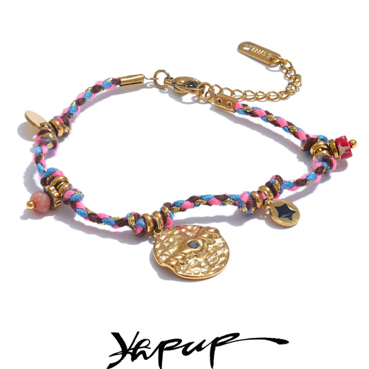 Yhpup Vintage Stainless Steel Colorful Rope Braided Handmade Bracelet Bangle for Women - Stylish Wrist Fashion Jewelry Gift