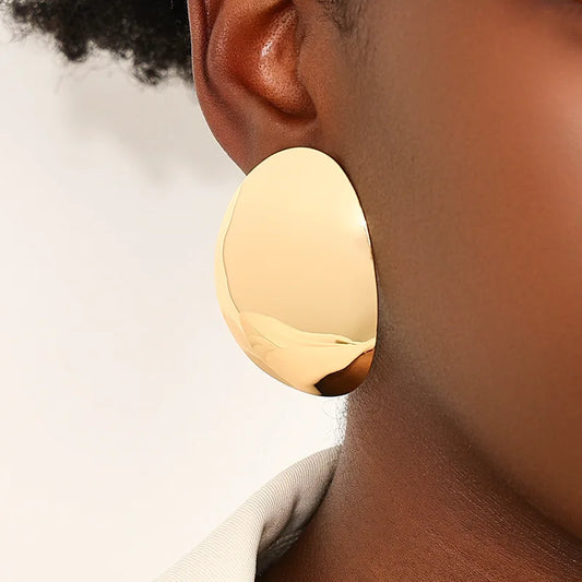 Exaggerated Metal Smooth Big Oval Stud Earrings for Women - Vintage Gold Color Geometric Jewelry