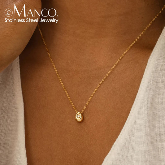 eManco Stainless Steel Gold-Plated Water Drop Pendant Necklace for Women – Adjustable Short Fine Jewelry