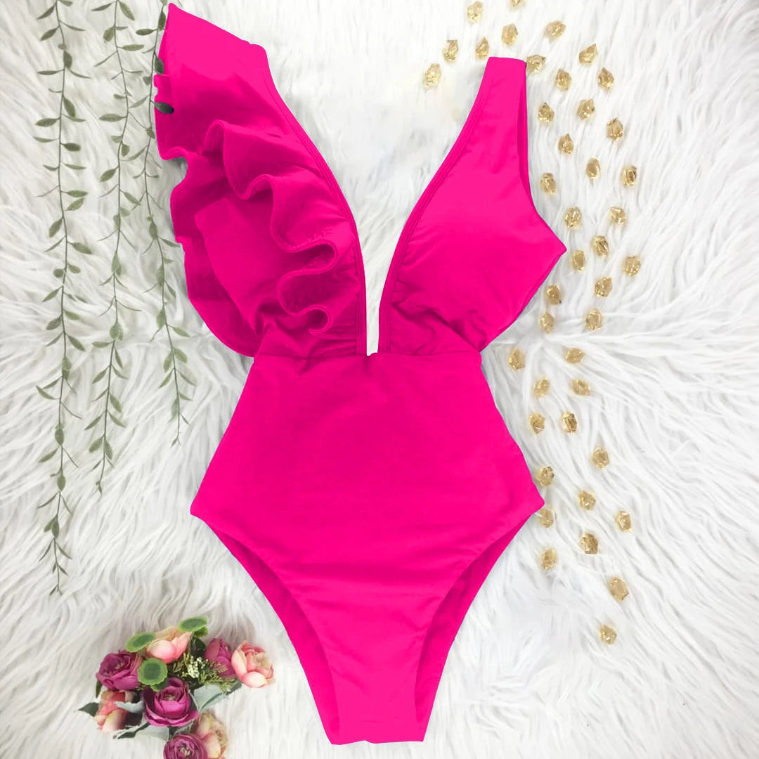 Ruffle One-Piece Swimsuit – Floral Deep V-Neck Push-Up Monokini Beachwear for Women