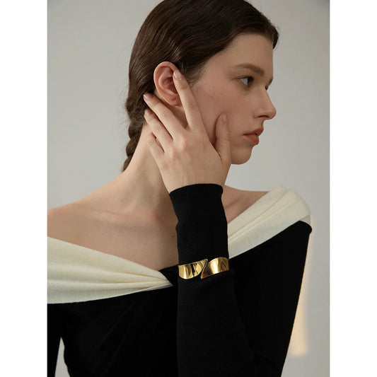 Yhpup Glossy Stainless Steel Wide Geometric Bracelet Bangle - 18K Gold PVD Plated Waterproof Jewelry