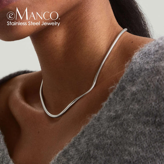 eManco Silver Color Snake Chain Choker - Minimalist Stainless Steel Necklace for Men & Women