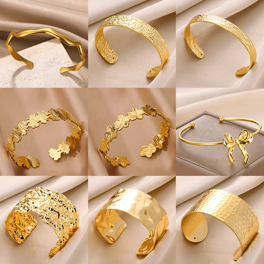Vintage Flower Cuff Bracelet Bangle for Women - Gold Stainless Steel Flora Wrist Jewelry