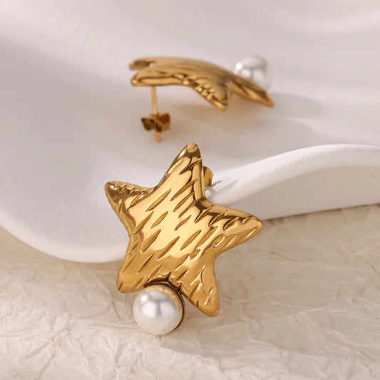 Vintage Pearl Starfish Stainless Steel Stud Earrings - Ocean-Inspired Jewelry for Women