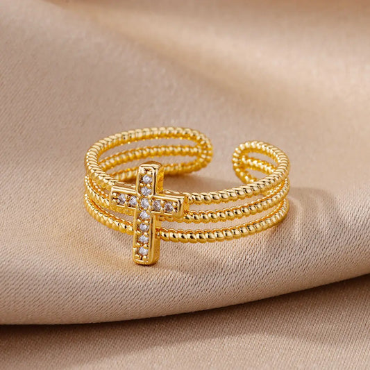 New Zircon Cross Rings for Women - Adjustable Stainless Steel Luxury Wedding Jewelry Gift 2025