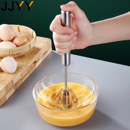 JJYY Kitchen Stainless Steel Whisk Creamer - Semi-Automatic Rotary Whisk with Beech Wood Handle for Cooking and Baking