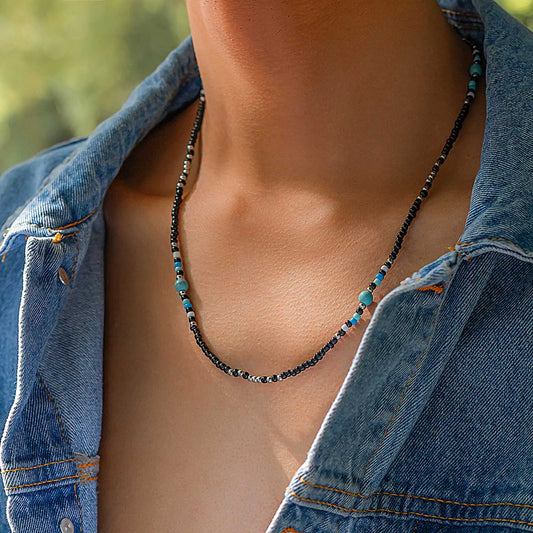 Stylish Synthetic Turquoise Necklaces for Men and Boys - Mini Black Beaded Summer Beach Jewelry