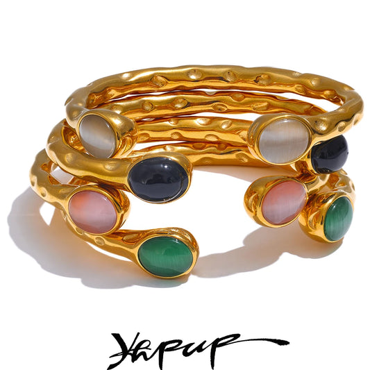 Yhpup 62mm High Quality Stainless Steel Multicolored Natural Stone Golden Cuff Open Bracelet Bangle - Water Resistant Jewelry