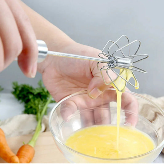 JJYY Kitchen Stainless Steel Whisk Creamer - Semi-Automatic Rotary Whisk with Beech Wood Handle for Cooking and Baking