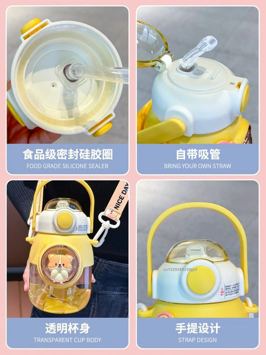 820ml Kids Water Sippy Cup with Cartoon Design and Straw - Portable Drinking Bottle for School
