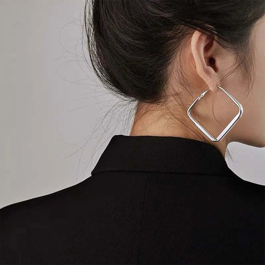 Vintage Silver Color Big Square Hoop Earrings for Women and Men - Exaggerated Punk Metal Geometric Jewelry Gift