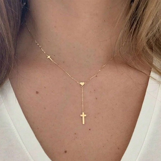 DGIDDK Simple Mini Heart Cross Pendant Necklace - Y Shape Stainless Steel Chain for Women