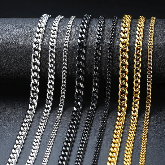 Stylish Punk Cuban Necklaces for Men and Women - Stainless Steel Miami Curb Collar in Silver, Black, and Gold