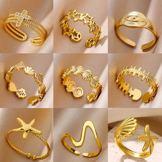 Vintage Shell Rings for Women - Gold Color Stainless Steel Wedding Statement Jewelry