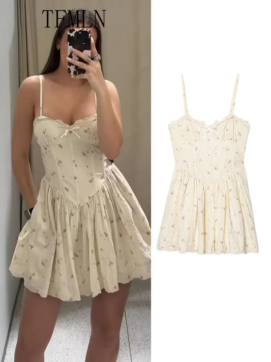 TFMLN Sweet Floral Printed Strap Dress