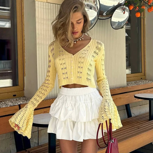Tuularose Spring Knitted Cardigan for Women - Casual Solid V-Neck Short Top