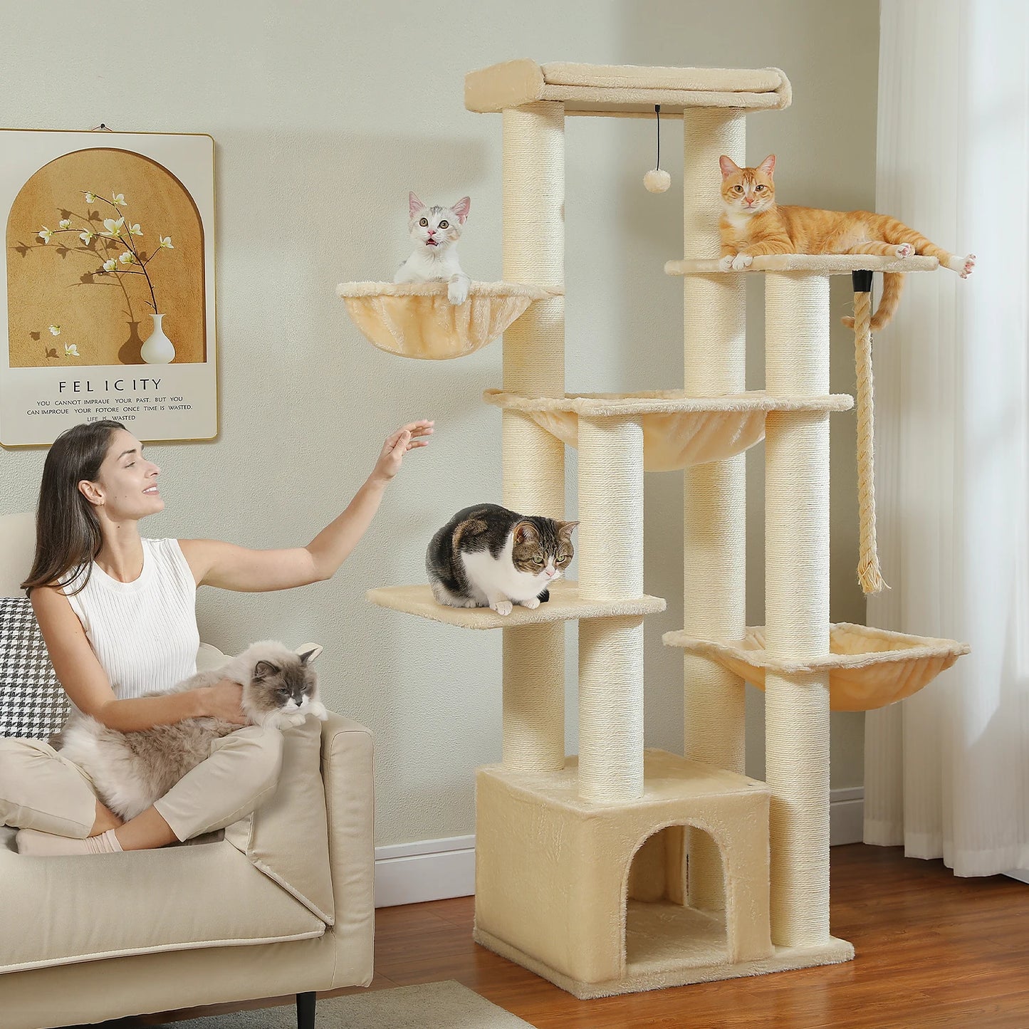 Big Cat Tree for Large Cats - Multi-Level Robust Cat Tower with Hammock and 11 Sisal Posts