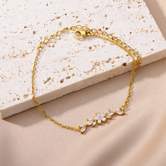 Elegant Zircon Flowers Bracelet for Women and Girls – Luxury Gold Color Stainless Steel Plant Charm Jewelry