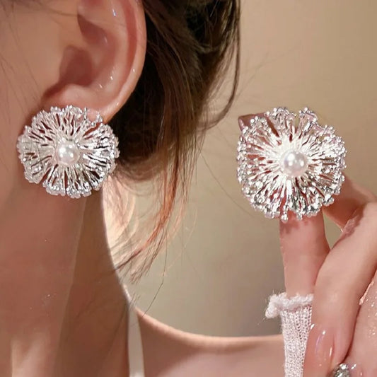Exaggerated Metal Flowers Pearl Stud Earrings – Fashion Jewelry Gifts for Women