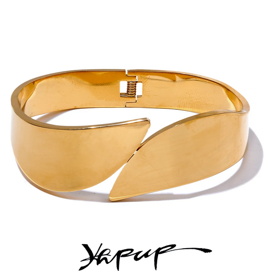 Yhpup Glossy Stainless Steel Wide Geometric Bracelet Bangle - 18K Gold PVD Plated Waterproof Jewelry