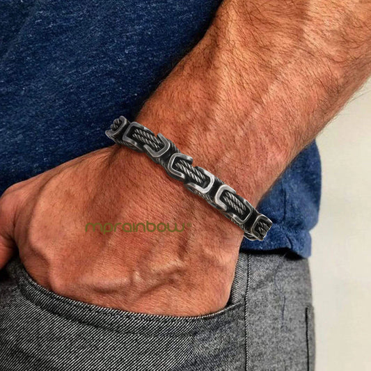 Men's Chunky Byzantine Bracelet - Retro Grey 8mm Stainless Steel Braided Link Wristband