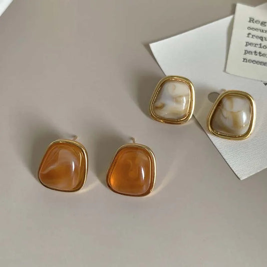 Vintage Coffee Color Square Resin Stud Earrings - Trendy Geometric Jewelry for Women & Girls