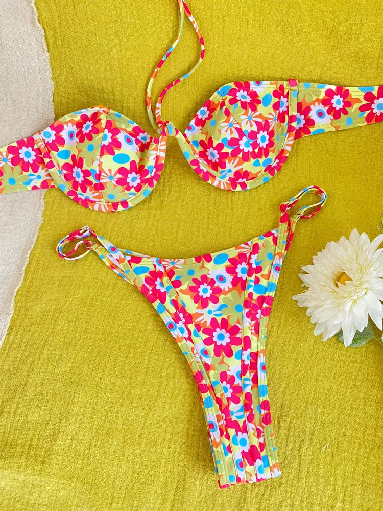 ZRTAK Printed Halter Bikini Set – Push-Up Micro Thong Swimwear for Women