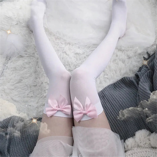 Elegant Women's Pink Bow Stay Up Thigh High Silk Stockings