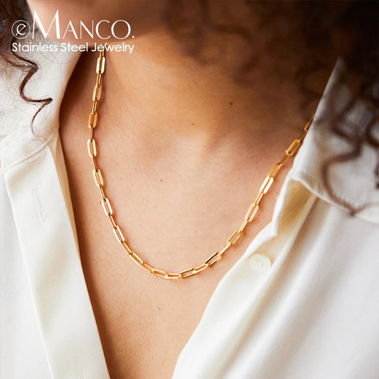 eManco Hot Fashion Paperclip Link Chain Necklace - Stainless Steel Gold Color for Women and Men